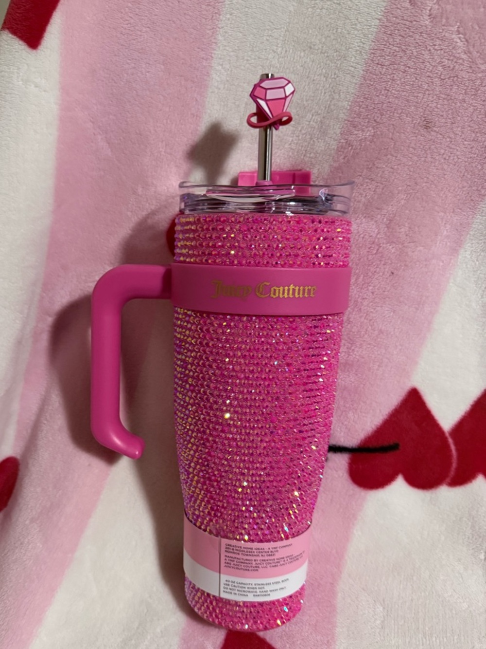 NWT Juicy Couture Pink Crystal-Embellished Travel Tumbler, 40oz Capacity